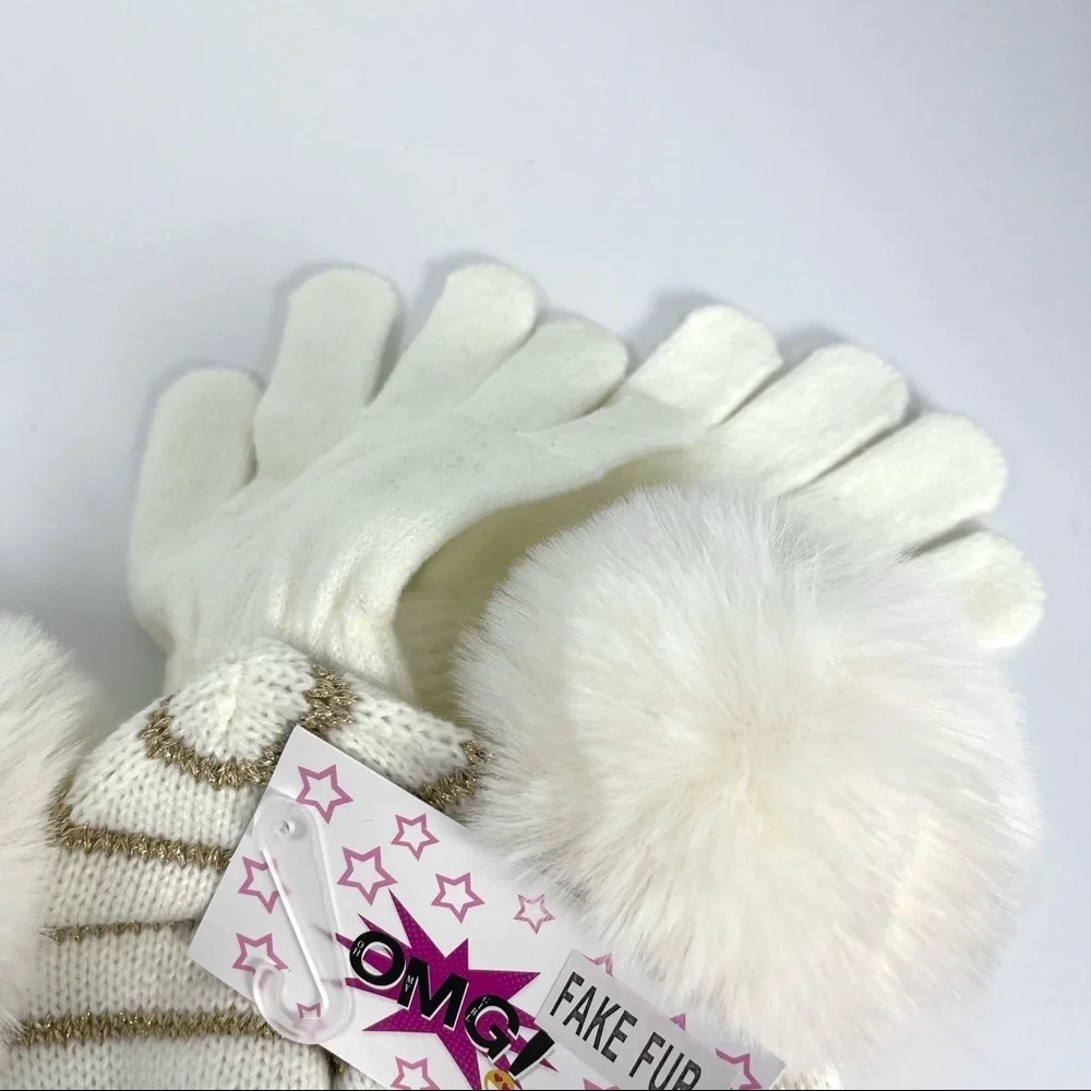 OMG Pom Pom beanie stiped faux fur with gloves